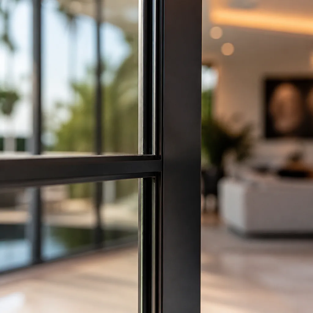 Modern black frame impact window showing seamless indoor and outdoor transition