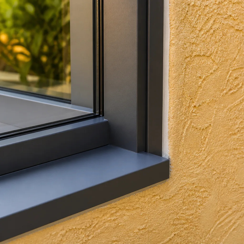 Modern charcoal window frame installation on a textured yellow stucco wall