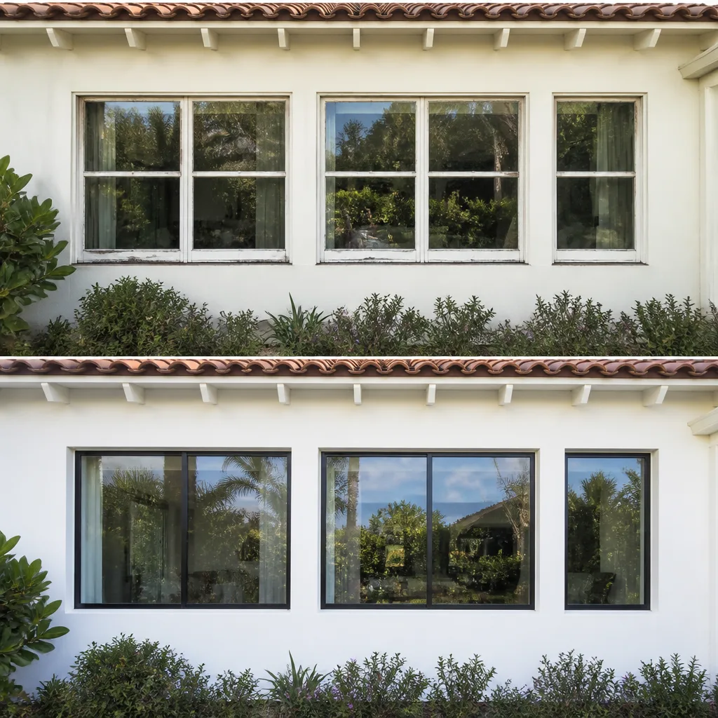 Before and after professional window replacement on a white stucco home